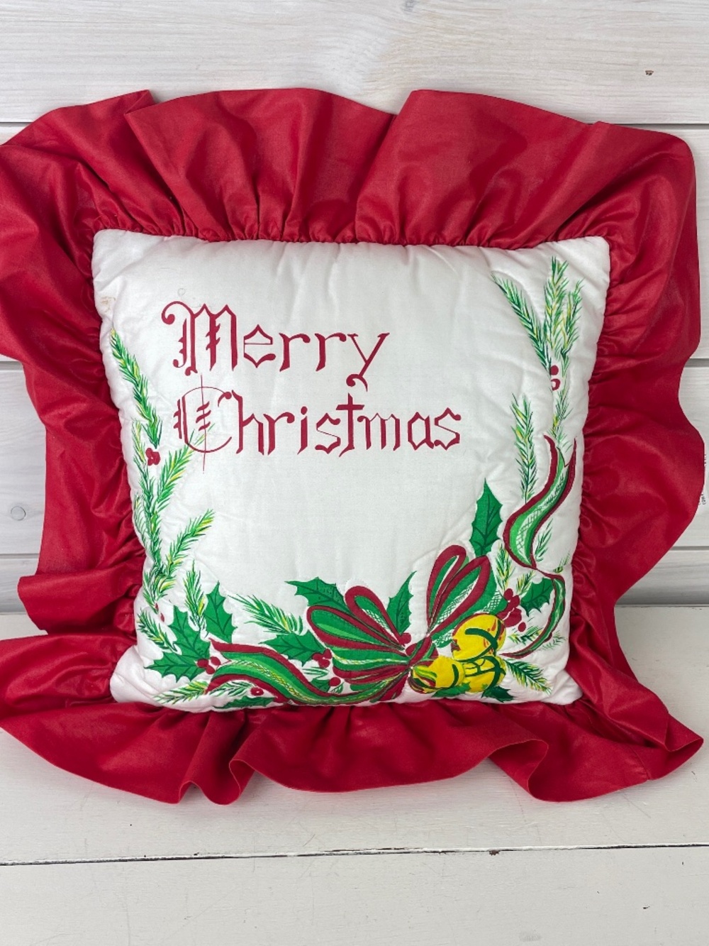 Vintage Merry Christmas Red Ruffle Quilted Decorative Throw Pillow